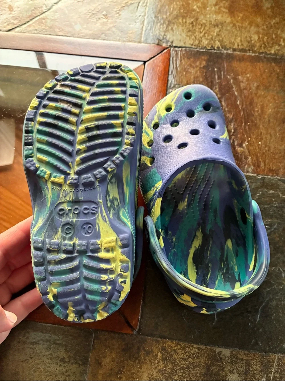 CROCS Kids Slip-On Clogs in Blue with Green and Yellow Swirl